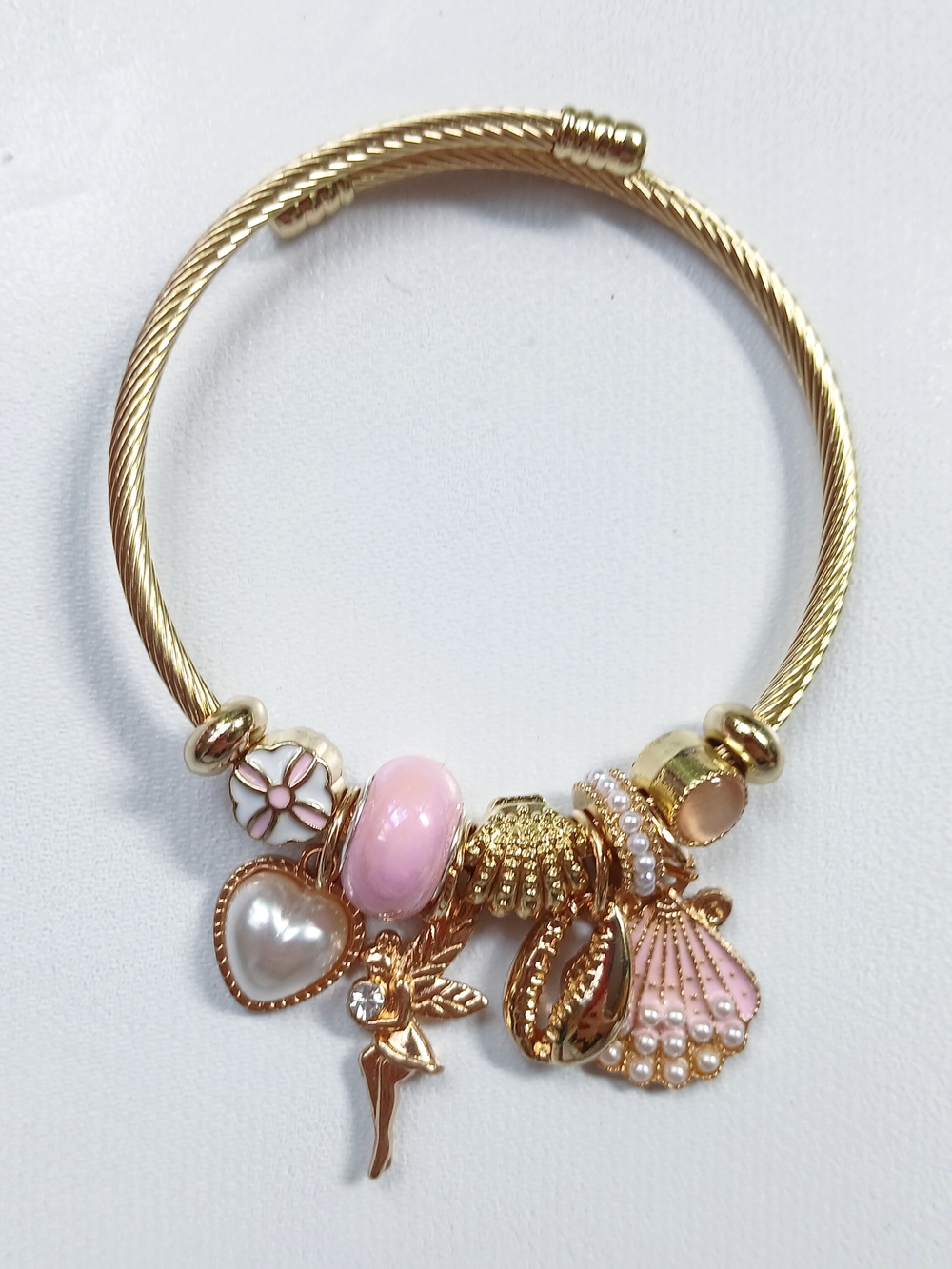 Gold-Tone Pink Charm Bracelet with Pearls